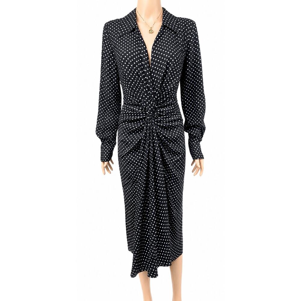 NWT Michael Kors Collection Black White Polka Dot Silk Midi Dress Ruched Size 14